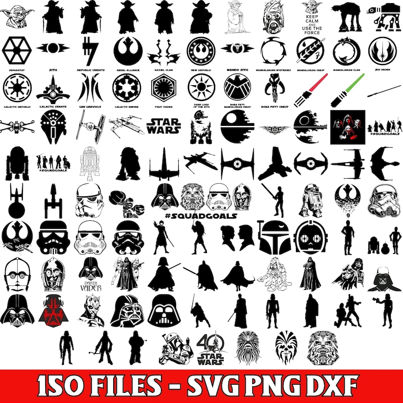 May include: A collection of 150 black and white Star Wars-themed SVG, PNG, and DXF files. The image includes various characters, logos, and symbols from the Star Wars universe, such as Yoda, Darth Vader, and the Rebel Alliance symbol.