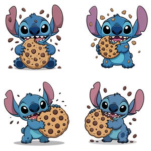 May include: Four illustrations of a blue cartoon character, Stitch, enjoying a large chocolate chip cookie. The character has large ears, big eyes, and a wide smile. Chocolate chips and cookie crumbs are scattered around the character.