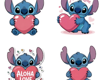 Stitch Heart Png Bundle, Cute Stitch Holding Heart Clipart, Valentine Love Stitch Png Files for Sublimation, Digital Download