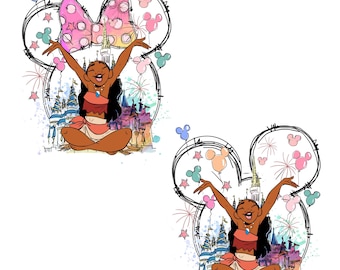 Moana Castle Minnie Ears Png, Tropical Island Princess Joy Pose Digital Clipart, Theme Park Fireworks Background Instant Download