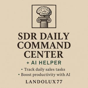 May include: A beige graphic with the text "SDR DAILY COMMAND CENTER + AI HELPER." The image includes a brain illustration atop a column. Bullet points below state "Track daily sales tasks" and "Boost productivity with AI." The text "LANDOLUX 77" is at the bottom.