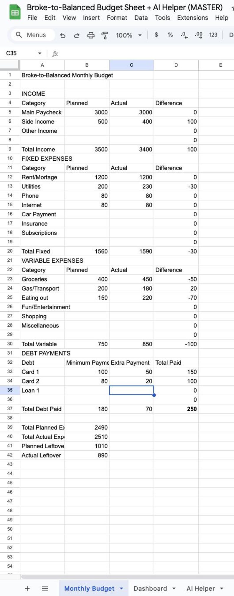 Broke-to-balanced Budget Sheet + AI Helper | Monthly Budget & Debt ...