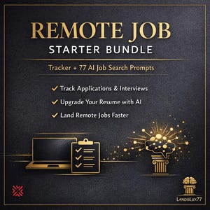 Op de afbeelding: Een digitale afbeelding met de tekst "REMOTE JOB STARTER BUNDLE" in gouden letters. De afbeelding bevat een laptop, een klembord met vinkjes en een gestileerde hersengrafiek. Tekst benadrukt functies zoals het volgen van sollicitaties.
