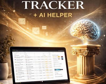 May include: A laptop displaying a spreadsheet, with the text "REMOTE JOB APPLICATION TRACKER + AI HELPER" at the top. A stylized brain sits atop a golden column. The scene is set against a glowing, abstract background.