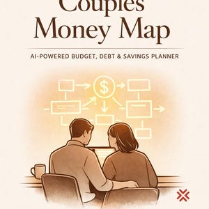 May include: An illustration showing a couple looking at a computer screen, with the text "Couples Money Map" above. The image includes a diagram with a dollar sign and the text "AI-POWERED BUDGET, DEBT & SAVINGS PLANNER".