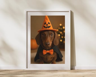 May include: A framed photo of a brown dachshund dressed for Halloween. The dog wears an orange pumpkin hat, a black cape, and an orange bow tie. A pumpkin and a blurred string of lights are in the background.
