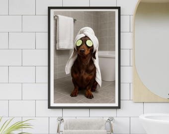 Lámina artística divertida de perro salchicha: póster de perro salchicha, decoración de baño