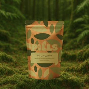 Pode incluir: Uma embalagem de papel kraft com a palavra "PILLS" em letras brancas. A embalagem tem um padrão de formas de folhas verdes e um rótulo que diz "EMPTY CAPSULES SIZE 000". O fundo é uma cena de floresta.