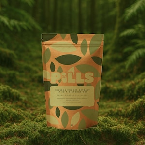 Może przedstawiać: Brązowa papierowa torba z zielonym wzorem liści i napisem "PILLS" dużymi białymi literami. Torba zawiera ekstrakt z proszku żeń-szenia i ma zieloną prostokątną etykietę z tekstem.