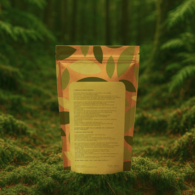 Op de afbeelding: Een bruin en groene zakje met een bladerenpatroon. De achterkant van het zakje heeft tekst in een vreemde taal. Het zakje staat op een bed van groen mos, met een vage bosachtergrond.