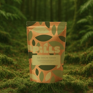 Puede incluir: Una bolsa de papel marrón de CDP-Choline en polvo con un patrón de hojas verdes y la palabra "PILLS" en letras grandes. La bolsa tiene una etiqueta rectangular con el nombre y la descripción del producto. El fondo es un bosque.