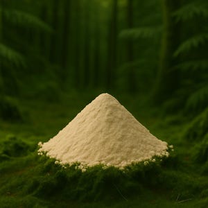 Op de afbeelding: Een kleine, beige hoop poeder ligt op groen mos, met een vage bosachtergrond. Het poeder heeft een fijne textuur en vormt een kleine, afgeronde piek. Het mos is heldergroen, wat een natuurlijke, aardse sc&egrave;ne cre&euml;ert.