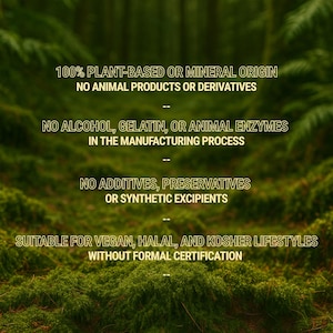 Op de afbeelding: Tekst op een groene achtergrond: 100% plantaardige of minerale oorsprong, geen dierlijke producten of derivaten, geen alcohol, gelatine of dierlijke enzymen in het productieproces, geen additieven, conserveermiddelen of synthetische hulpstoffen. Geschikt voor veganistische, halal- en koosjere levensstijlen.