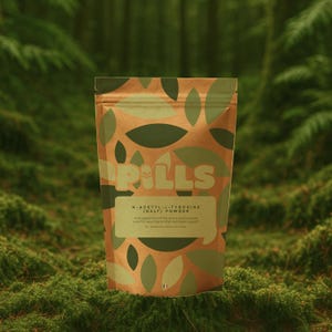Peut inclure: Un sac en papier brun avec des motifs de feuilles vertes et le mot "PILLS" en grandes lettres vert clair. Le sac contient de la poudre de N-Acétyl-L-Tyrosine (NALT), avec du texte supplémentaire décrivant son utilisation. L'arrière-plan est une scène de forêt floue.