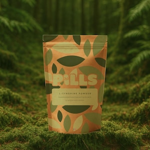 Puede incluir: Una bolsa de papel marrón de polvo de L-Tirosina con un patrón de hojas verdes. La palabra "PILLS" está impresa en letras grandes en la parte superior. La etiqueta dice "L-TYROSINE POWDER" y enumera los beneficios. El fondo es un bosque.
