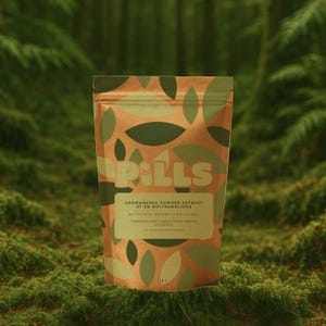 May include: A brown paper bag of pills with a green leaf pattern. The word "Pills" is printed in large, white letters. The bag contains Ashwaganda powder extract. The background is a blurred forest scene.