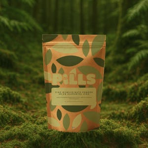 Puede incluir: Una bolsa de papel marrón de pastillas con un patrón de hojas verdes. La bolsa tiene la palabra "PILLS" en letras blancas grandes y una etiqueta que dice "ZINC BISGLYCINATE POWDER 28.2% ELEMANTAL ZINC". El fondo es un bosque borroso.