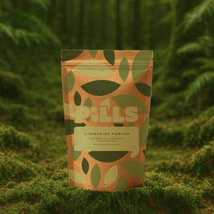 Peut inclure: Un sac en papier brun avec un motif de feuilles et le mot "PILLS" en blanc. Le sac porte également une étiquette indiquant "L-THEANINE POWDER". L'arrière-plan est une forêt verte.