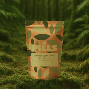 Puede incluir: Una bolsa de papel marrón con la palabra "PILLS" en letras blancas. La bolsa contiene extracto de polvo de Rhodiola Rosea. La bolsa tiene un patrón de hojas verdes y un fondo verde musgo.