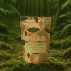 May include: A brown pouch with a leaf pattern and the word "PILLS" in large letters. The pouch contains "COMPLEX VITAMIN B POWDER" and ingredient information. The background is a blurred forest scene with green foliage.