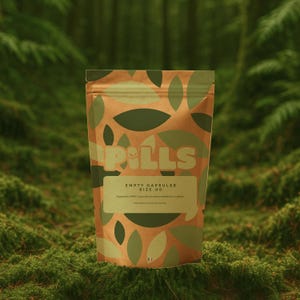 Puede incluir: Una bolsa de papel marrón con un estampado de hojas verdes y la palabra "PILLS" en letras grandes. La bolsa también tiene una etiqueta que dice "EMPTY CAPSULES SIZE 00". El fondo es una escena de bosque borrosa.