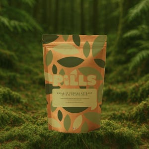 Peut inclure: Un sachet marron avec des motifs de feuilles vertes et le mot "PILLS" en grandes lettres stylisées. Le sachet contient de l'extrait de poudre de Shilajit à 5% d'acide fulvique. L'arrière-plan est une scène de forêt floue avec du feuillage vert.