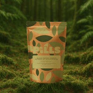 Puede incluir: Una bolsa de papel marrón con la palabra "PILLS" en letras blancas. La bolsa contiene extracto de polvo de pimienta negra al 95% de piperina. La bolsa tiene un patrón de hojas verdes y está sobre un fondo verde musgoso.