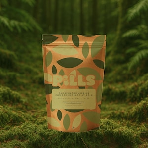 Könnte beinhalten: Ein brauner Beutel mit einem Blättermuster und dem Wort "PILLS" in großen Buchstaben. Das Etikett lautet "PHOSPHATIDYLSERINE POWDER EXTRACT AT 20%" und "FROM GLYCINE MAX & HERB". Der Hintergrund ist eine verschwommene Waldszene.