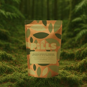 Puede incluir: Un paquete marrón y verde de pastillas con la palabra "PILLS" en letras grandes. El paquete contiene "BACOPA MONNIERI POWDER EXTRACT AT 50 % BACOSIDES". El fondo es una escena de bosque borrosa.