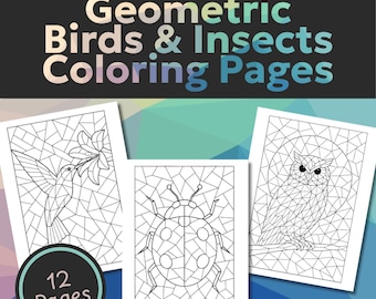 Geometric Birds & Insects Mosaic Coloring Pages Printable Digital Download