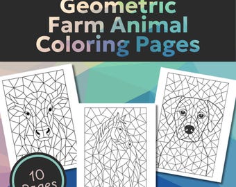 Geometric Farm Animals Mosaic Coloring Pages Printable Digital Download
