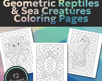Geometric Reptiles & Sea Creatures Mosaic Coloring Pages Printable Digital Download