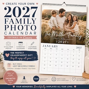 Könnte beinhalten: Eine 2027 Familien-Fotokalender-Vorlage mit einem spiralgebundenen Wandkalender, der ein Foto einer Familie auf einem Feld zeigt. Das Design enthält Text wie Create Your Own 2027 Family Photo Calendar, Editable in Canva und January 2027.