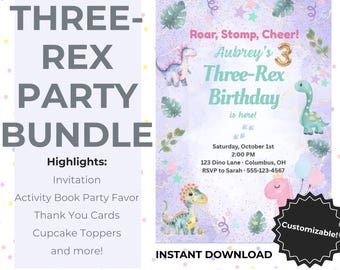 May include: A Three-Rex Party Bundle with invitation, activity book party favour, thank you cards, cupcake toppers, and more. The invitation is purple with dinosaur illustrations and the text "Aubrey's 3 Three-Rex Birthday".
