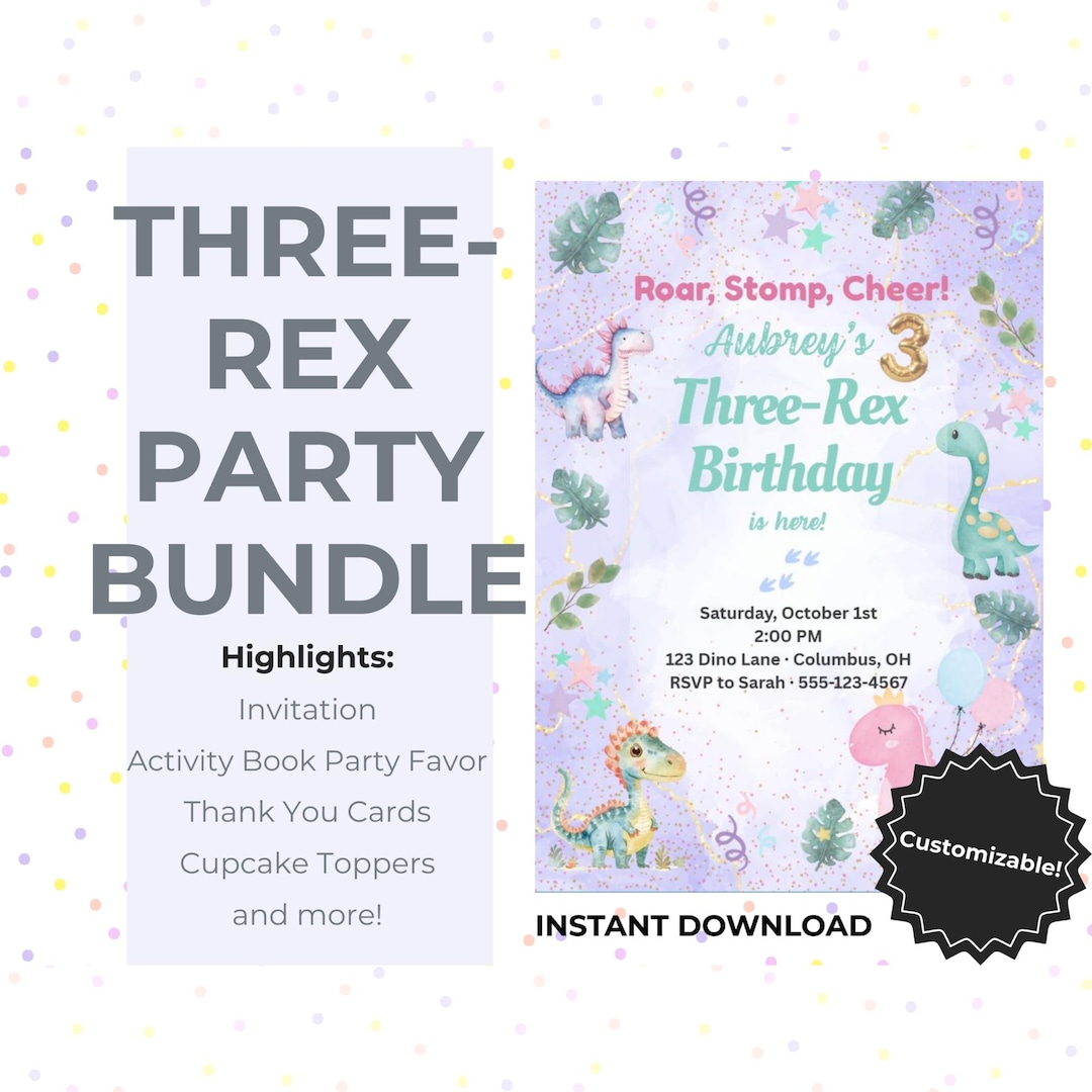 Three Rex Birthday Party Bundle: Editable Dino Printables (digital ...