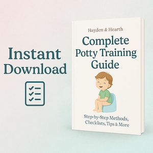 Könnte beinhalten: Ein Buch mit dem Titel "Complete Potty Training Guide" von Hayden & Hearth. Das Cover zeigt ein Kind auf einem Töpfchen. Der Text enthält "Sofort-Download" und "Schritt-für-Schritt-Methoden, Checklisten, Tipps & mehr".