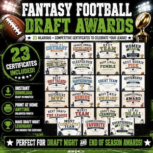 May include: A digital collection of 23 fantasy football draft award certificates featuring various titles like Crybaby Award, Sleeper Pick Champion, and Best Shit Talker. The graphic includes a football, a trophy, and text detailing instant download and print options.
