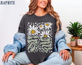 Boho Daisy Flower Tee, Comfort Colors Botanical Tee, Wildflower Shirt, Retro Floral T-Shirt, Plant Shirt, Gardener Shirt, Trendy Gift