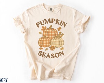 Pumpkin Season Comfort Colors Shirt, Plaid Pumpkin Tee, Trendy Fall Fashion for Women, Cozy Season Clothing, Cute Pumpkin Shirt