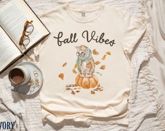 Fall Vibes Pumpkin Cat T-Shirt, Grandmillennial Fall Apparel, Autumn Aesthetic Sweatshirt, Cats Pumpkin Shirt, Funny Halloween Cat Shirt
