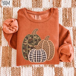 Faux Patchwork Cheetah Pumpkin Sweatshirt, Cozy Fall Patchwork Hoodie, Patterned Pumpkin Sweater, Faux Camo Embroidery Thanksgiving Gift