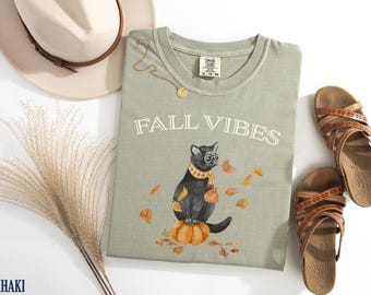 Fall Vibes Tee, Black Cat Pumpkin Shirt, Fall Cat TShirt, Cozy Cat Mom Sweatshirt, Autumn Cat Shirt, Cute Halloween Cat Apparel