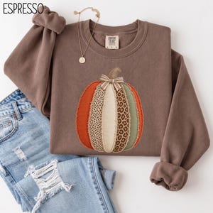 May include: An espresso brown crewneck sweatshirt featuring a central pumpkin graphic composed of alternating orange, cream, and green fabric panels with leopard print accents and a small striped bow. The text ESPRESSO appears in the top left corner.