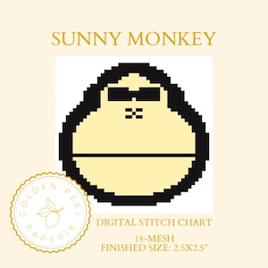 May include: Digital stitch chart featuring a pixelated monkey face wearing sunglasses. The text "SUNNY MONKEY" is above the image. The finished size is 2.5x2.5 inches. The Golden Paperie logo is in the lower left corner.