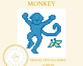 Blue Preppy Monkey Needlepoint Chart: DIY Canvas Pattern (Digital Download, 18 Mesh)