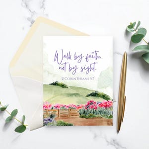 2 Corinthians 5:7 Bible Verse Card | Christian Encouragement Note Card with Envelope | Watercolor Countryside Scripture Blank Greeting Card