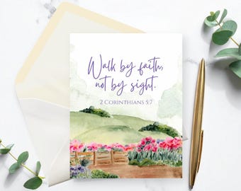 2 Corinthians 5:7 Bible Verse Card | Christian Encouragement Note Card with Envelope | Watercolor Countryside Scripture Blank Greeting Card