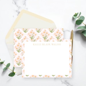 Peach Clover Block Print Trellis Personalized Stationery Set | Custom Flat Notecards | Grandmillenial Monogram Thank You Cards and Notes