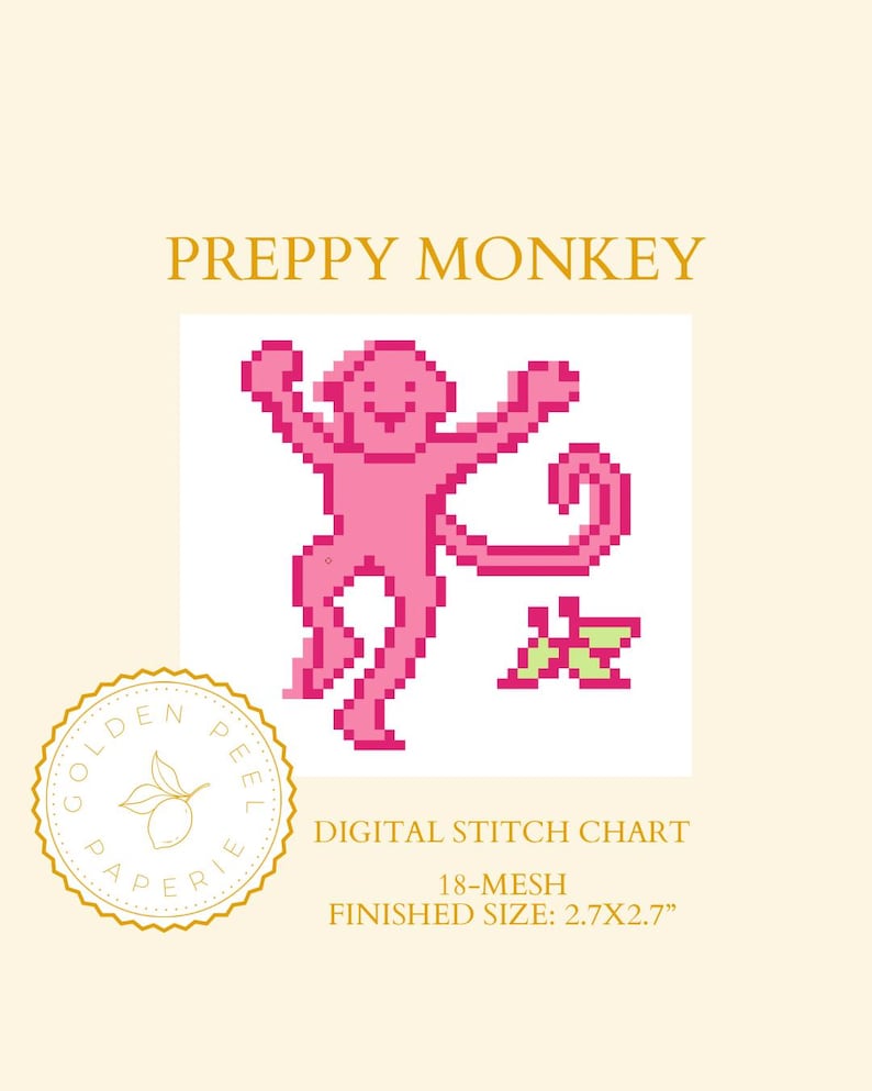 May include: A digital stitch chart featuring a pink pixelated monkey with a butterfly. The text "PREPPY MONKEY" is above the image. The finished size is 2.7x2.7 inches.