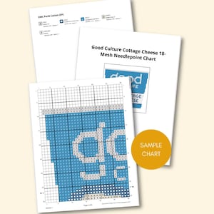 May include: A collection of needlepoint charts and a sample chart. The main chart features a blue and white design with the words "Good Culture Cottage Cheese" and "18-Mesh Needlepoint Chart". A sample chart is also included.